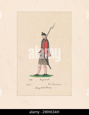 “Watercolor of a Soldier from the corps in the Bergschotten Regiment during the American Revolutionary War” circa 1778.   From a series of prints by Friedrich von German captain of a regiment from Hesse-Hanau, one of the many German auxiliary troops hired by George III to fight in the American Revolution. He arrived in North America in 1775 During the war, he painted a series of watercolors of American, British, and German soldiers. Stock Photo