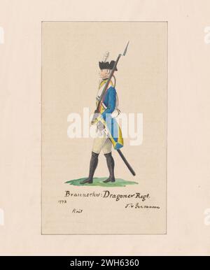 “Watercolor of a Soldier from the Dragoon detachment Regiment in the Brunswick (Braunschweig) Corps during the American Revolutionary War” circa 1778.  From a series of prints by Friedrich von German captain of a regiment from Hesse-Hanau, one of the many German auxiliary troops hired by George III to fight in the American Revolution. He arrived in North America in 1775 During the war, he painted a series of watercolors of American, British, and German soldiers. Stock Photo
