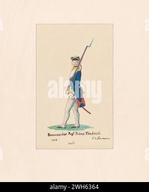 “Watercolor of a Soldier from the “Musketeer Regiment Prinz Friedrich”  in the Brunswick (Braunschweig) Corps during the American Revolutionary War” circa 1778.    From a series of prints by Friedrich von German captain of a regiment from Hesse-Hanau, one of the many German auxiliary troops hired by George III to fight in the American Revolution. He arrived in North America in 1775 During the war, he painted a series of watercolors of American, British, and German soldiers. Stock Photo