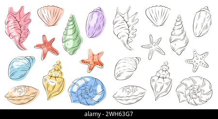 Set of seashell in line art style. Undersea shells of starfish, scallop, conch, spiral. Blue color. Vector illustration. Stock Vector