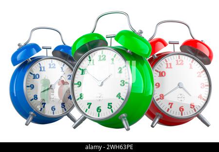 Colored alarm clocks, 3D rendering isolated on white background Stock Photo