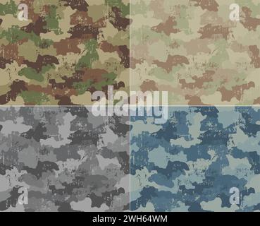 Set of urban, woodland, desert and navy camouflage seamless pattern. Grunge and scratch texture. Stock Vector