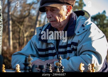 Group of elder people in 70's enjoying company and playing chess with friends in public park on sunny day Stock Photo