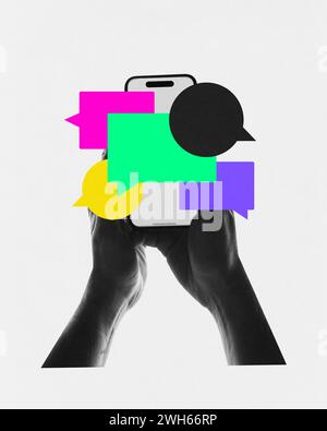 Contemporary art collage. Two hands holding smartphone with multiple colorful speech bubbles on screen. Stock Photo