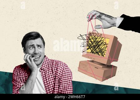 Collage artwork graphics picture of afraid scared guy have cyberattack obsolete gadget isolated painting background Stock Photo