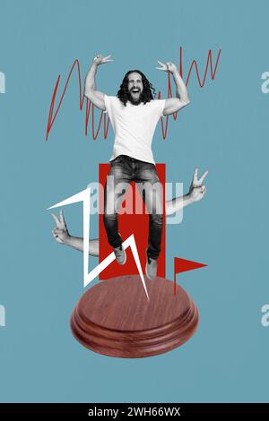 Collage 3d image of pinup pop sketch of excited man winning jumping judgement court have fun weird freak bizarre unusual fantasy billboard Stock Photo
