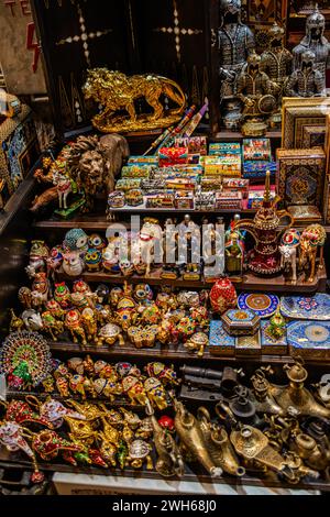Discover a vibrant array of traditional gifts in Grand Bazaar, showcasing diverse cultural treasures, handmade artisanal crafts, and unique souvenirs. Stock Photo