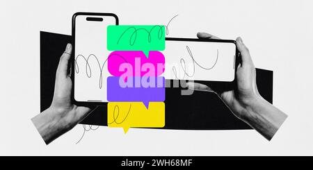 Modern aesthetic artwork. Two hands holding smartphones with colorful chat bubbles and scribbles, symbolizing digital communication. Stock Photo