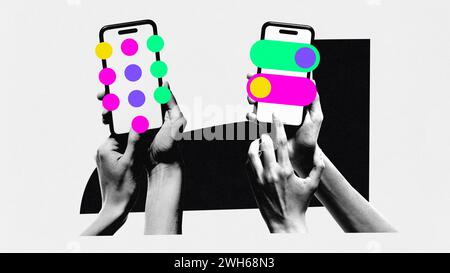 Modern aesthetic artwork. Two hands holding smartphones, with screens filled with colorful dots and shapes, implying app interactivity. Stock Photo