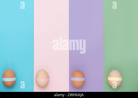 Row of different colored decorated eggs on fun green background. Copy space simple pastel geometric minimalist background for traditional Easter holid Stock Photo