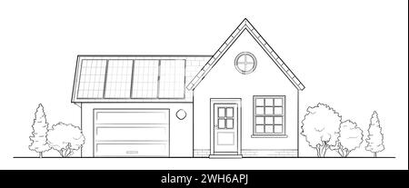 Modern family house with solar panel - stock outline illustration of a building Stock Vector