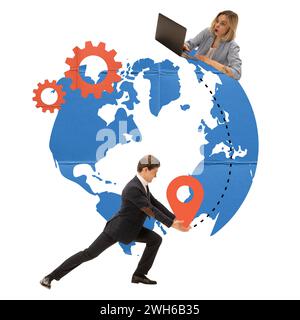 Woman working on laptop and man holding location pin over world globe. Improving efficiency in logistics. Creative modern design. Stock Photo