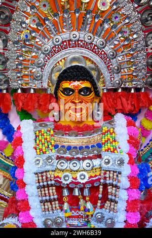 View of decorated Durga Puja pandal in Kolkata, West Bengal, India. Durga Puja is a popular and major religious festival of Hinduism that is celebrate Stock Photo