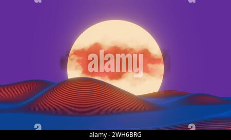 This 3D image features a minimalist design of a retro wave landscape with a sun, blending modern aesthetics with nostalgic elements. Stock Photo