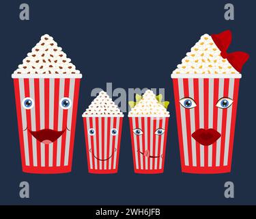 Cartoon full buckets of popcorn with faces. Vector illustration. Stock Vector