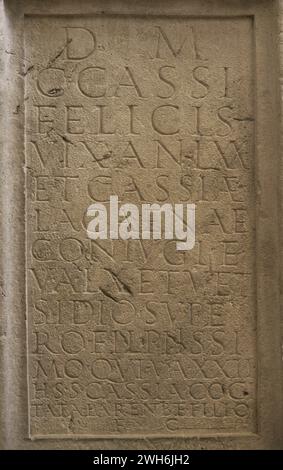 Stele erected by Cassia Cogitata in memory of her parents Cassius Felix and Cassia Lacaena, and her son Vetsidius Super. Detail of the inscription. Dated to the middle of the 2nd century AD. From Archar (Ratiaria), Vidin province, Bulgaria. National Archaeological Museum. Sofia. Bulgaria. Stock Photo