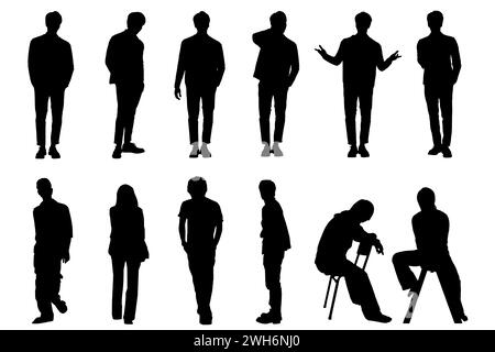 Silhouettes of young man in activity, group of people isolated on white background Stock Photo