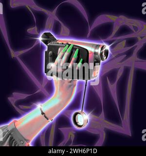 Poster. Modern aesthetic artwork. Female hand holds vintage video camera against abstract gradient background. Trendy Y2K style and retro futurism. Stock Photo