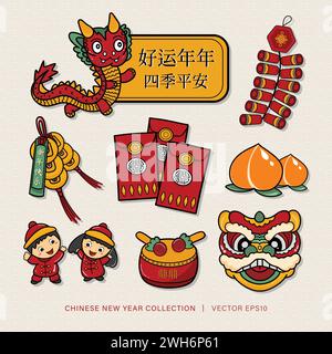 Cute Chinese lunar new year decoration element vector flat design collection set for year of dragon, foreign text translation as lucky all the time, w Stock Vector