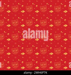 Chinese new year lion dancing head seamless pattern on red background, vector design Stock Vector