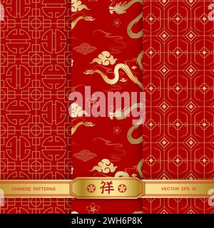 Festive Lunar Chinese new year seamless pattern red background collection set for year 2024 with dragon vector design, foreign language translation as Stock Vector