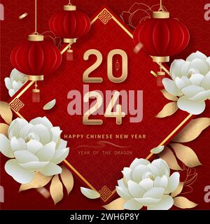 Red Chinese new year background for 2024 year of dragon decorated with peony flowers and hanging lanterns on oriental wave pattern, vector design Stock Vector
