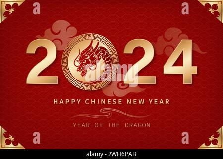 Red Chinese new year background for 2024 year of dragon, vector design, with oriental style element decoration Stock Vector