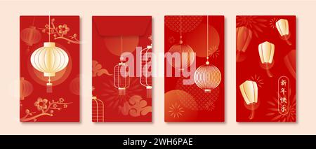 Red lucky Chinese new year Ang pao envelope set of four with oriental style decoration element, vector design, foreign text translation as happy new y Stock Vector