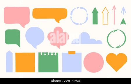 Various speech bubbles,arrows,writing stickers different shapes isolated on white.Modern trendy stamp texture.Vector illustration EPS 10 Stock Vector