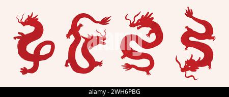 Red Chinese new year dragon brush painting silhouette set of four isolated in beige color background, vector design Stock Vector