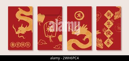 Ang Pao lucky red envelope design for 2024 Chinese new year festival on beige color background, foreign text translation as wish you prosperity, happy Stock Vector