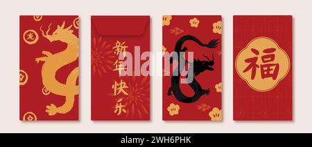 Ang Pao lucky red envelope design for 2024 Chinese new year festival on beige color background, foreign text translation as happy new year, dragon and Stock Vector