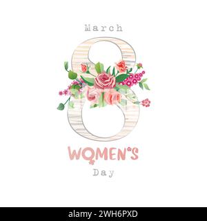 March 8 Women's Day creative greeting card with handdrawn style symbol and vintage flowers and leaves. Calendar page with pink and red roses. Postcard Stock Vector