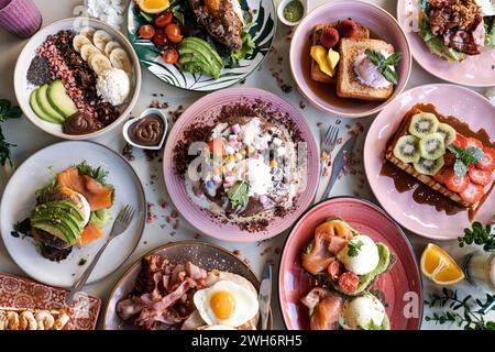 Lunch. Family breakfast or brunch served on a table. Aerial view. Stock Photo