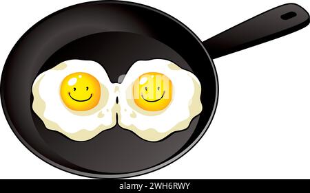 scrambled eggs from two eggs in a frying pan. Stock Vector