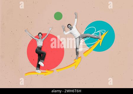 Collage image of two overjoyed impressed mini black white effect people stand growing arrow upwards isolated on painted beige background Stock Photo