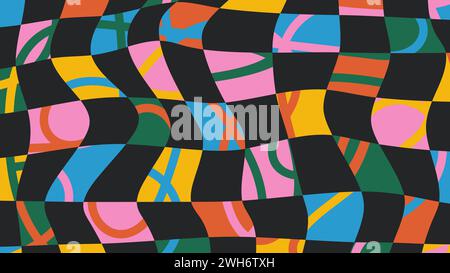 Groovy colorful checkered pattern. Abstract twisted chessboard retro vector background. Vintage trippy design in 70s-80s hippie style. Psychedelic Stock Vector