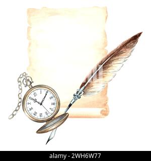 Sheets of parchment paper, pocket watch and elegant feather pen. Vintage writing supplies. Template retro watercolor illustration of old stationery. I Stock Photo