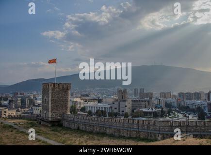 Views of central Skopje, the capital city of North Macedonia, taken from the walls of the ancient Skopje Fortress - Kale - above the downtown area. Stock Photo