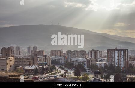 Views of central Skopje, the capital city of North Macedonia, taken from the walls of the ancient Skopje Fortress - Kale - above the downtown area. Stock Photo