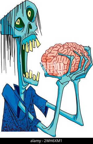 Cartoon vector illustration of a creepy blue zombie character with a wide-open mouth, holding a human brain in his skeletal hands, isolated on a white Stock Vector