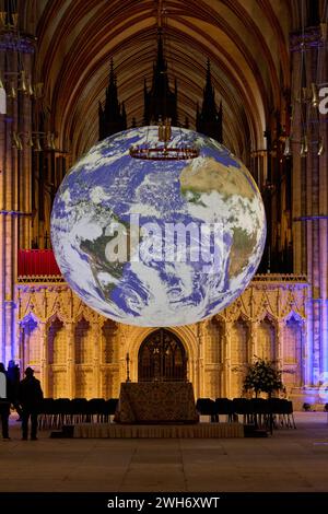 8th Feb, 2024. Lincoln Cathedral Gaia Measuring seven metres in diameter, Gaia provides the opportunity to see our planet floating in three dimensions in the vast space of Lincoln Cathedral’s Nave. Contemplate the wonder of life on earth and experience the Overview Effect; astronauts report a feeling of awe for the planet, a profound understanding of the interconnection of all life, and a renewed sense of responsibility for the environment. Monday 5 to Sunday 25 February Credit: Phil Crow/Alamy Live News Stock Photo