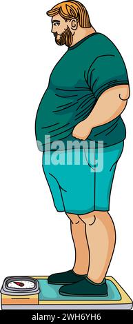 overweight man checking his weight while standing on scales, vector drawing. Stock Vector