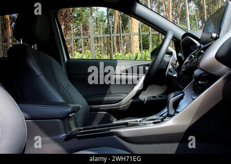 Side View From Passenger Place On Driver Seat Inside A Car Parked Near Green Hedge Stock Photo