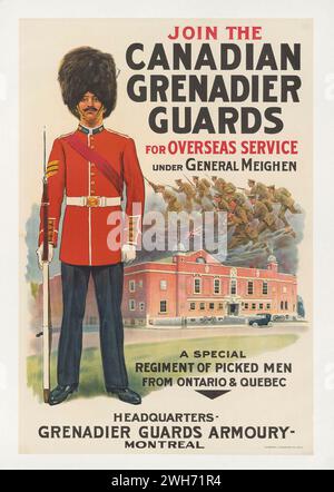 Join the Canadian Grenadier Guards.  Poster shows a Grenadier Guard; in background the Guard's Armoury and a vignette of soldiers in battle. Montreal : Montreal Litho. Co. Limited, 1910s Stock Photo