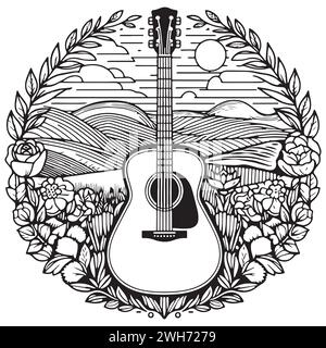 Acoustic guitar decorated with flowers, line art style emblem logo music theme spring hippie nature vacation Stock Vector