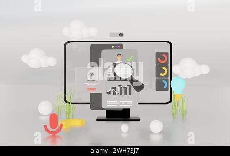 3d computer, data analysis, dashboard, and ai investment world map or white PC screen SEO website. Illustration Stock Photo