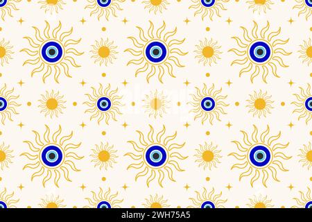 Evil eye seamless pattern. Turkish and Greek blue bead symbol. Magic nazar and ethnic circle amulet for luck. Vector spiritual ornament Stock Vector