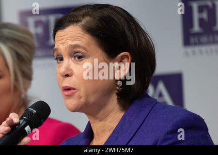 London, UK. 08 Feb 2024. Pictured: President of Sinn Fein Mary Lou McDonald speaks at a press conference organised by the The Foreign Press Association at The Royal Over-Seas League. Credit: Justin Ng/Alamy Stock Photo