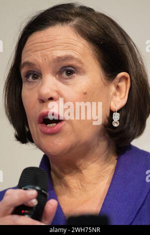 London, UK. 08 Feb 2024. Pictured: President of Sinn Fein Mary Lou McDonald speaks at a press conference organised by the The Foreign Press Association at The Royal Over-Seas League. Credit: Justin Ng/Alamy Stock Photo